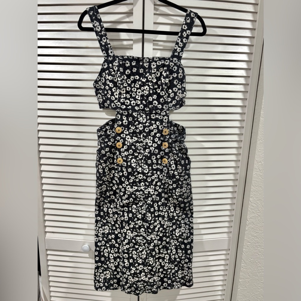 SISSA Floral Cutout Midi Dress Black White Structured Bodice Pockets